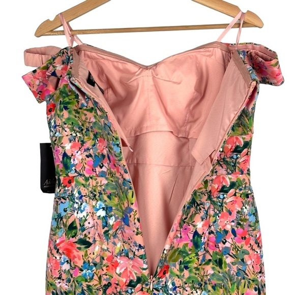 AIDAN MATTOX FLORAL OFF THE SHOULDER PRINTED CREPE SHEATH COCKTAIL DRESS - Picture 10 of 15